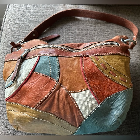 FOSSIL Leather Patchwork Shoulder Bag Crossbody Hobo Handbag Purse VINTAGE - Picture 15 of 15